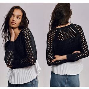 Anthro Maeve Layered Pleated Sweater size Small mix media Crochet Top twee Retro
